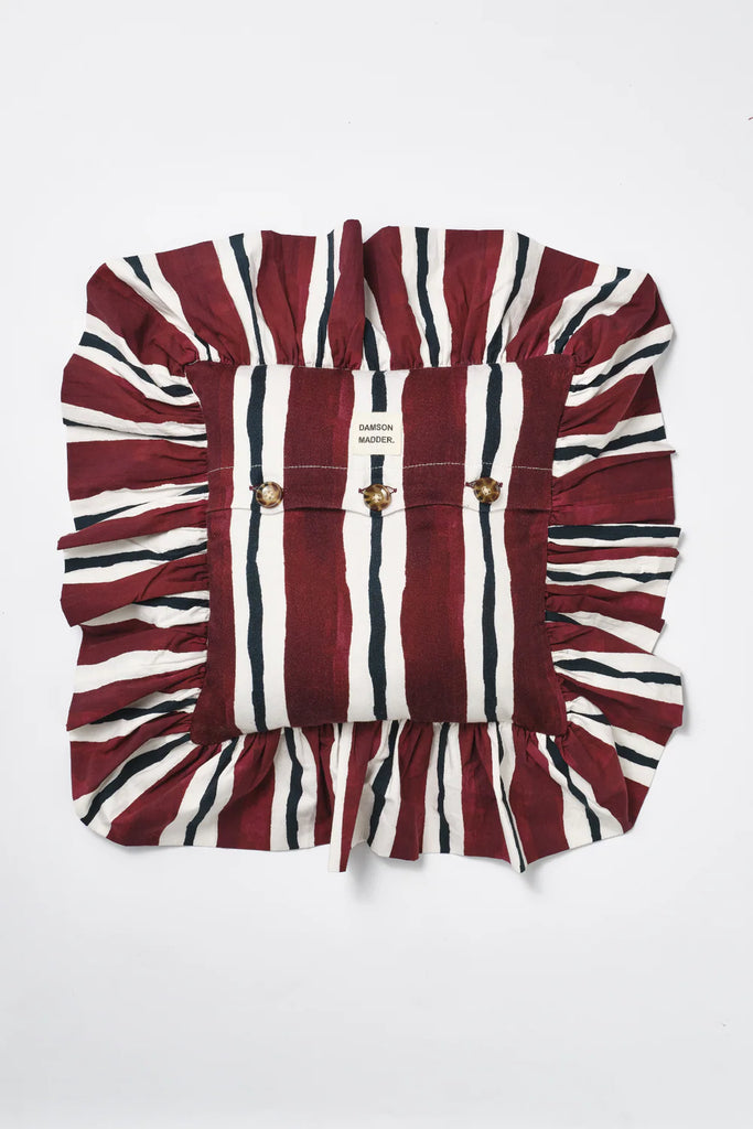 Frilly Cushion (Burgundy Stripe) by Damson Madder