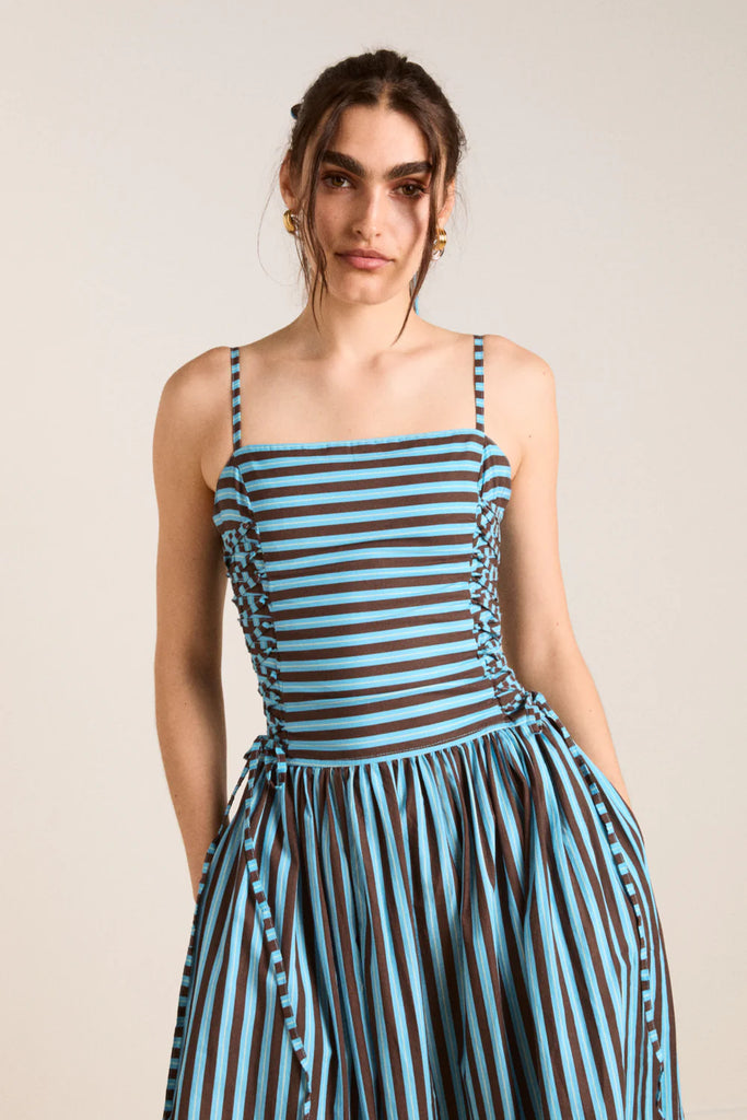 Angelina Midi Dress (Blue/Choc Stripe) by Damson Madder