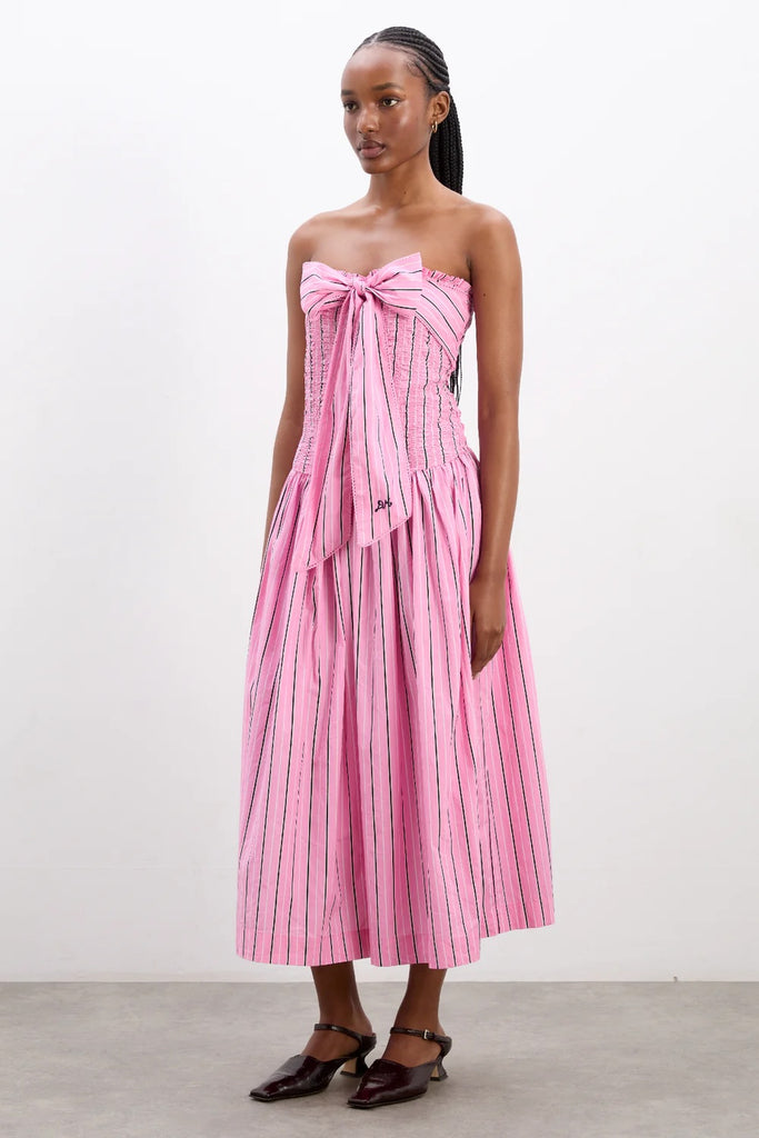 Mia Midi Dress (Pink Business Stripe) by Damson Madder
