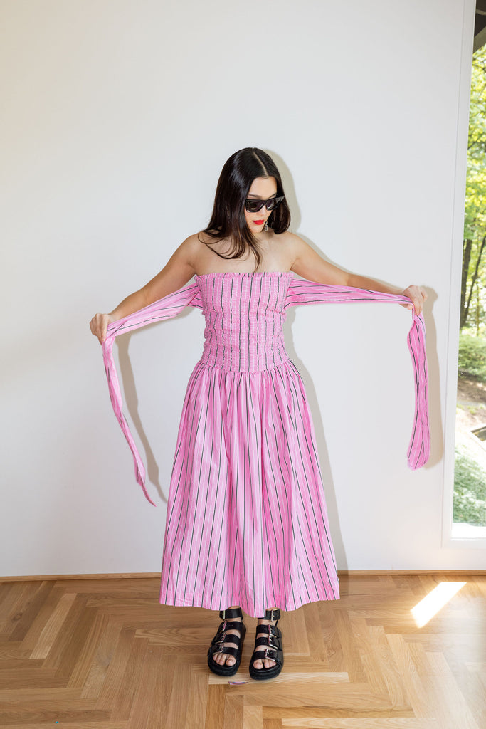Mia Midi Dress (Pink Business Stripe) by Damson Madder