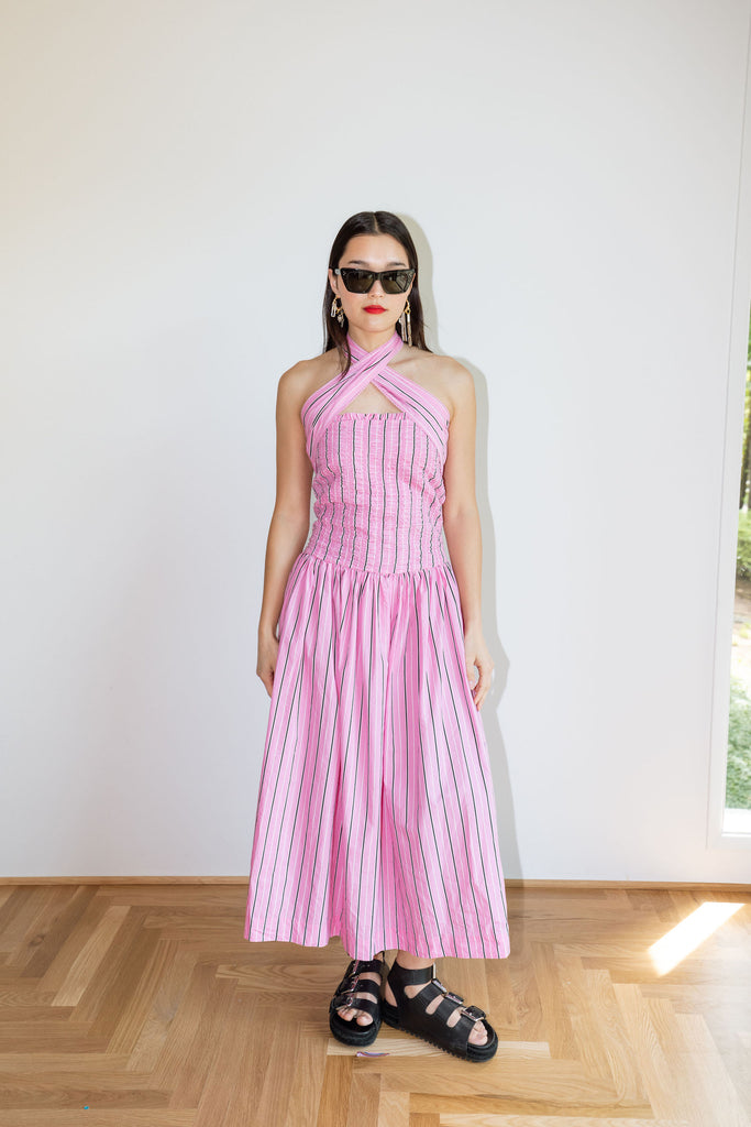 Mia Midi Dress (Pink Business Stripe) by Damson Madder