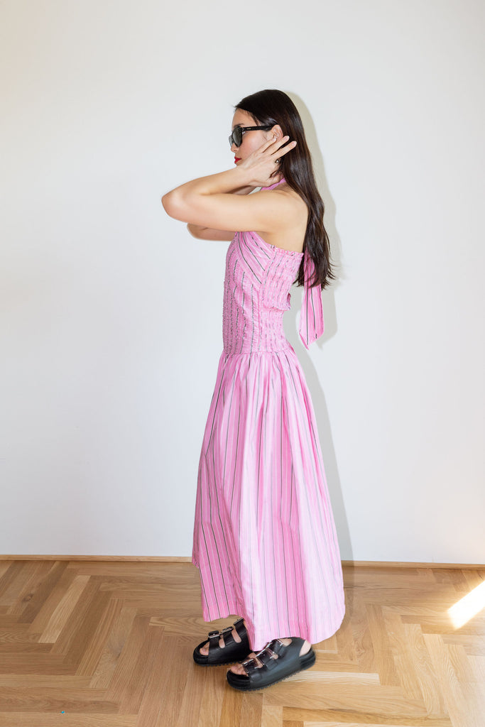 Mia Midi Dress (Pink Business Stripe) by Damson Madder