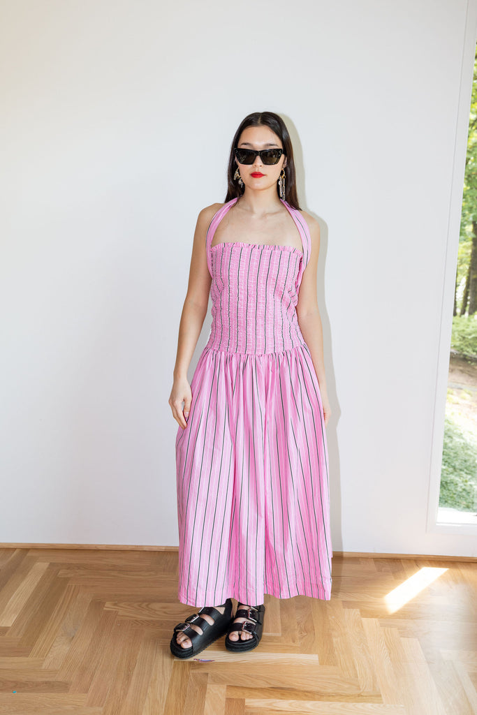 Mia Midi Dress (Pink Business Stripe) by Damson Madder