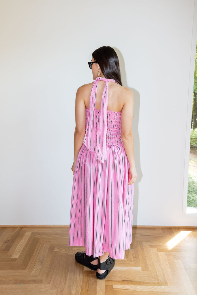 Mia Midi Dress (Pink Business Stripe) by Damson Madder