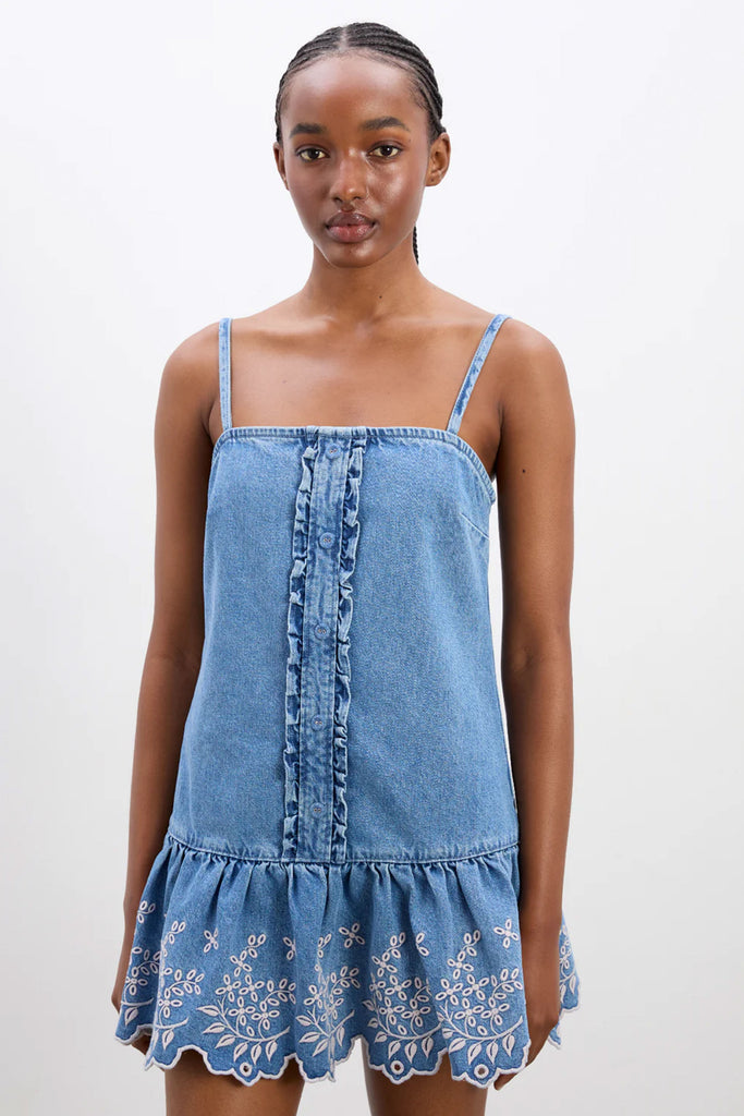 Lana Mini Dress (Embroidered Denim) by Damson Madder