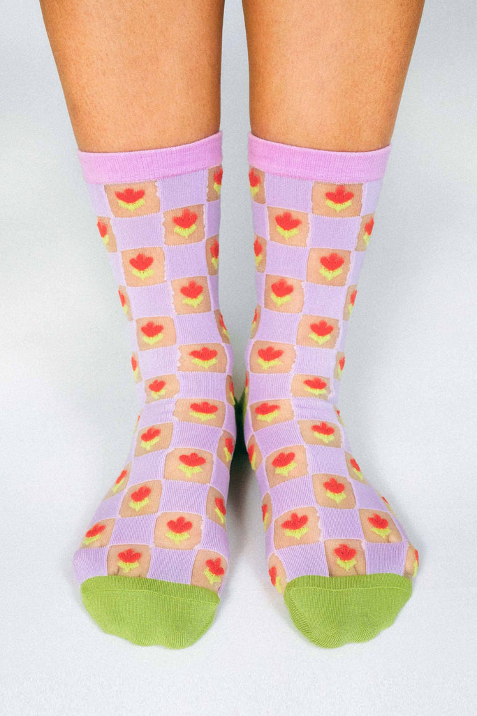 Checkered Tulips Sheer Ankle Socks by Tailored Union